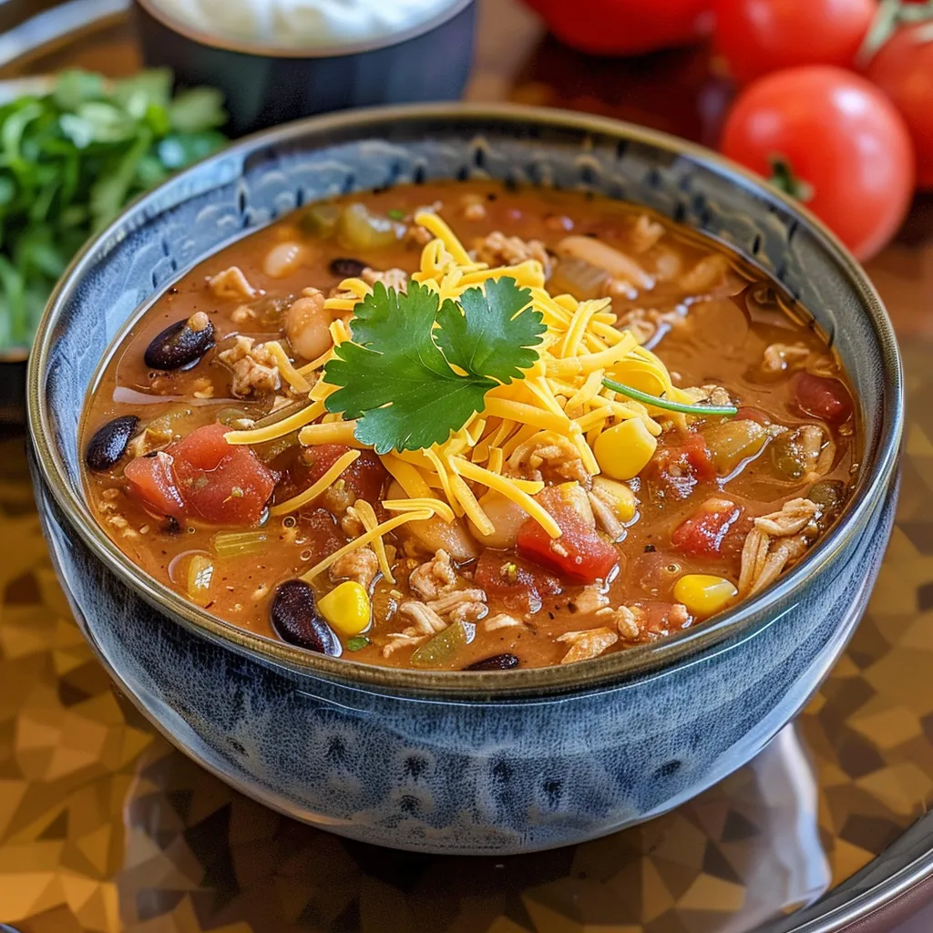 Bowl of chicken taco soup garnished with cilantro and diced tomatoes.