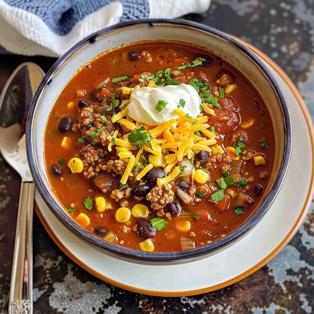 Overhead shot of a bowl of easy taco soup topped with shredded cheese, sour cream, and tortilla chips.