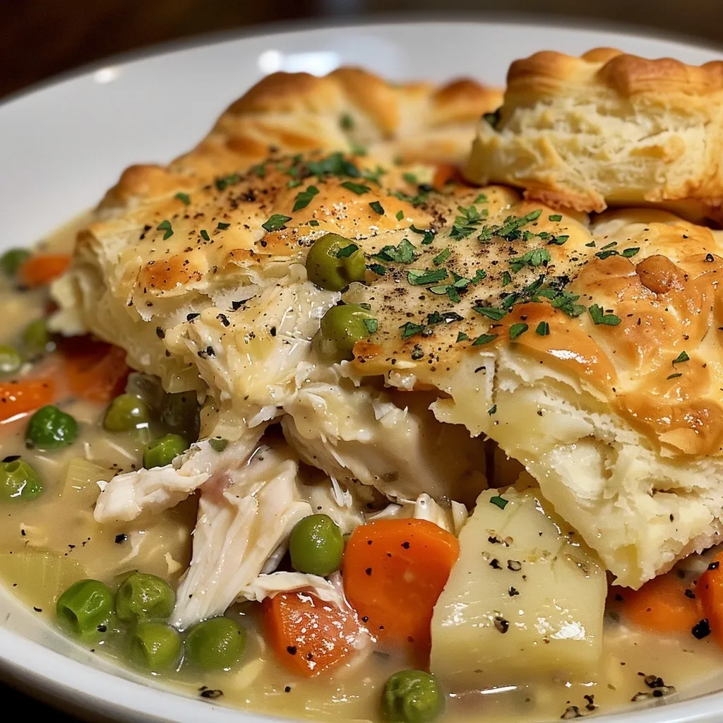 A bowl of creamy Crock-Pot chicken pot pie with a biscuit on top.