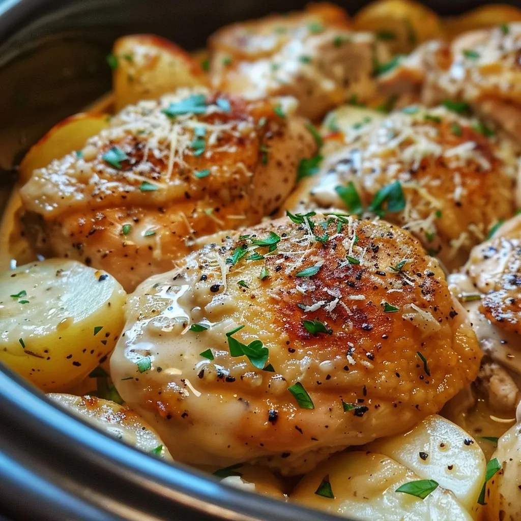 Close-up of delicious garlic parmesan chicken and potatoes cooked in a crockpot.