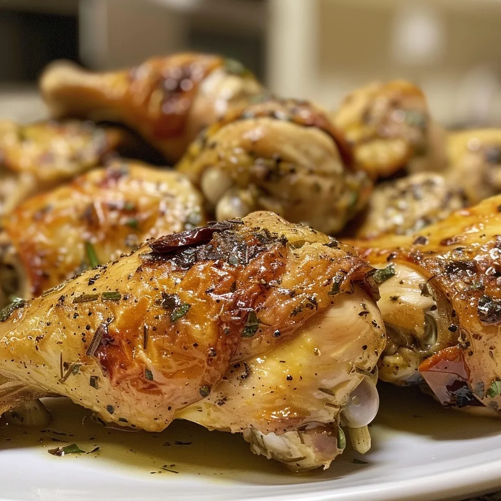 Four juicy chicken thighs simmering in a creamy, herb-infused sauce.