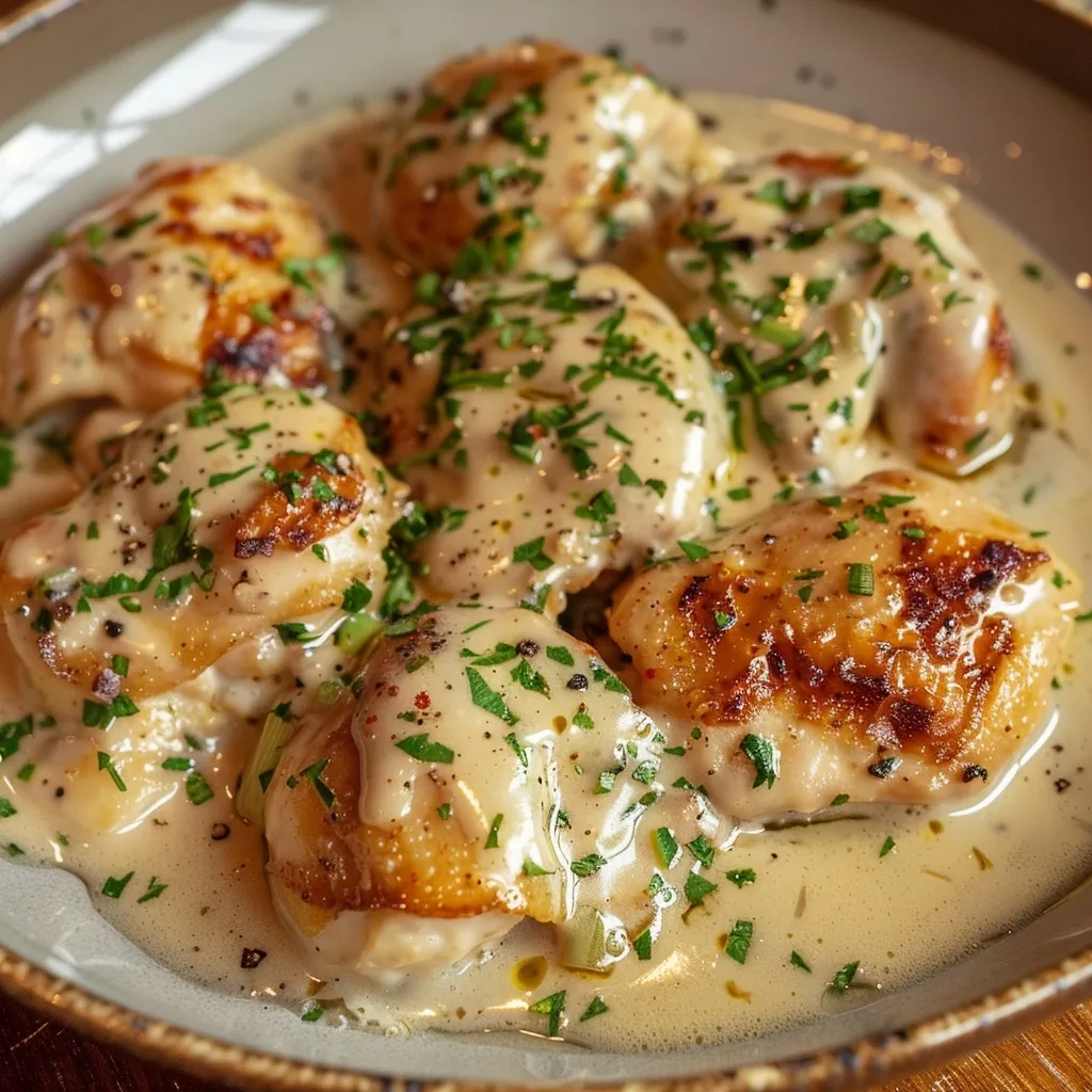 Two pan-seared chicken breasts in a creamy, flavorful sauce.