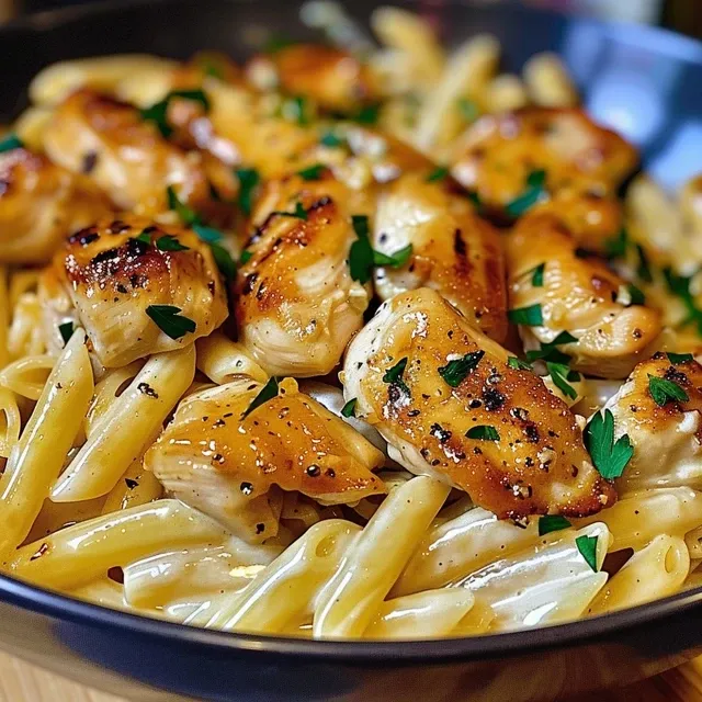 Close-up of garlic butter chicken pasta in a bowl.