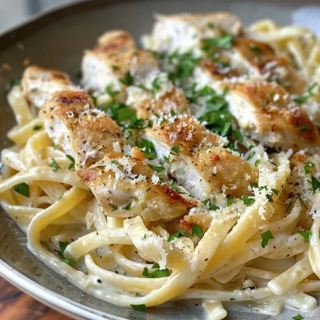 Creamy pasta with grilled chicken in a teal pot.