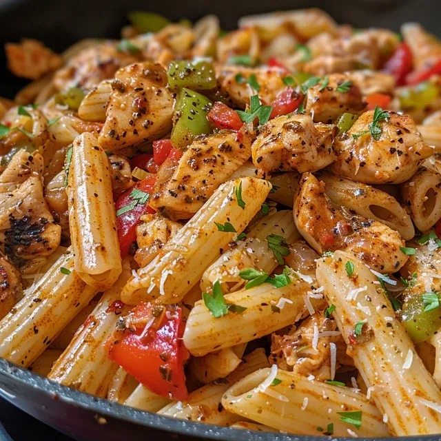 Close-up of Louisiana Chicken Pasta in a skillet, featuring breaded chicken, penne pasta, mushrooms, and red peppers in a creamy sauce.