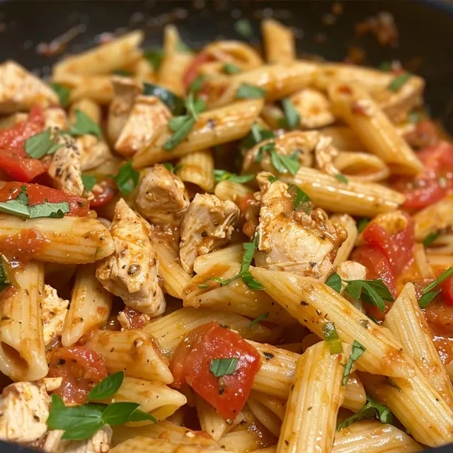Delicious plate of creamy chicken pasta without cream sauce.