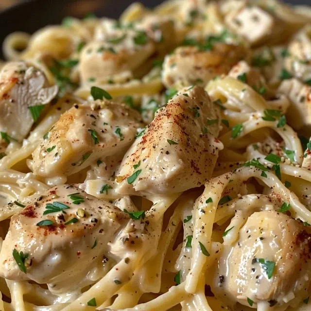 Creamy chicken linguine pasta dish in a black bowl, garnished with parsley.