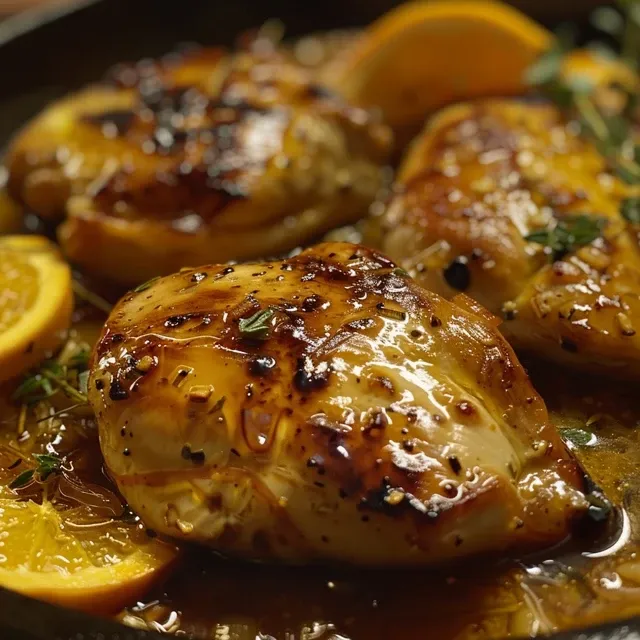 Two pan-seared chicken breasts topped with a honey-mustard-orange glaze, garnished with thyme and orange slices.
