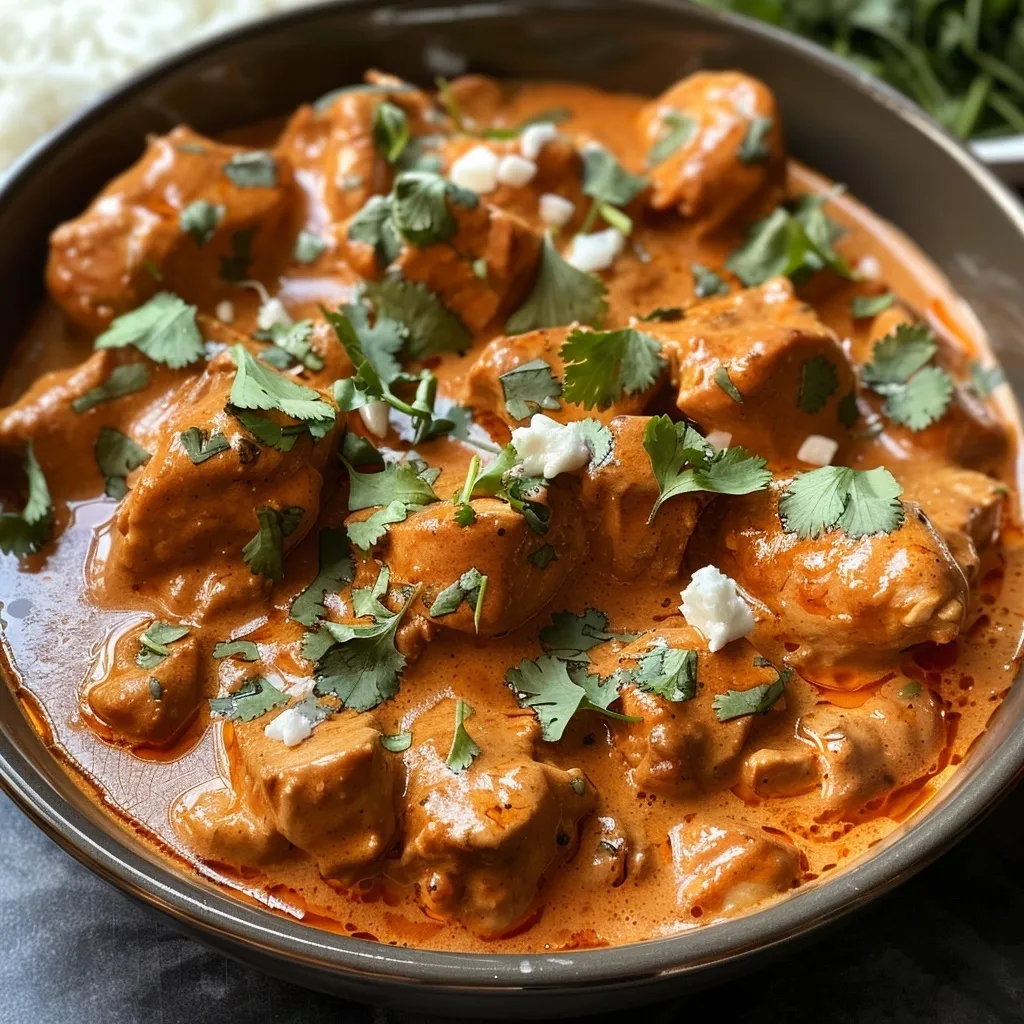 Delicious butter chicken with rice and naan bread in a skillet.