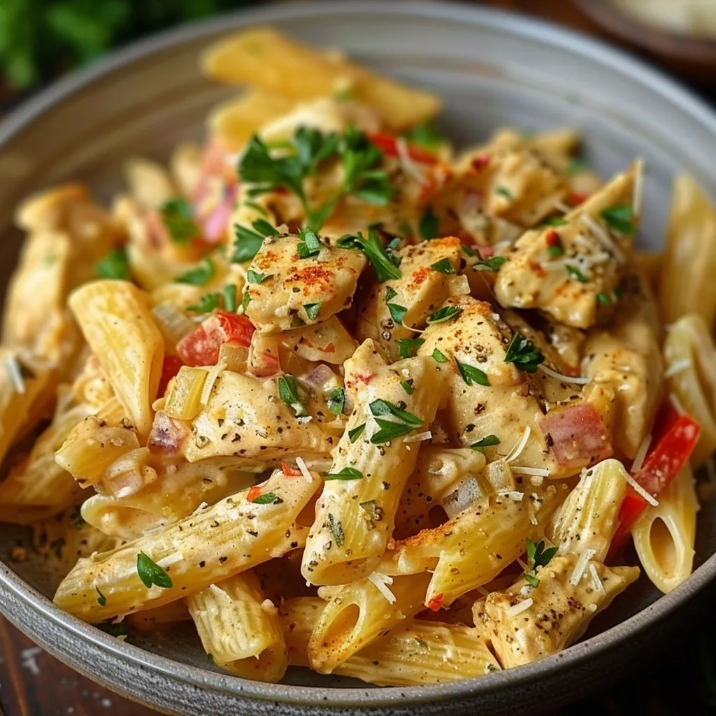 Creamy Cajun chicken pasta in a black bowl, garnished with thyme.