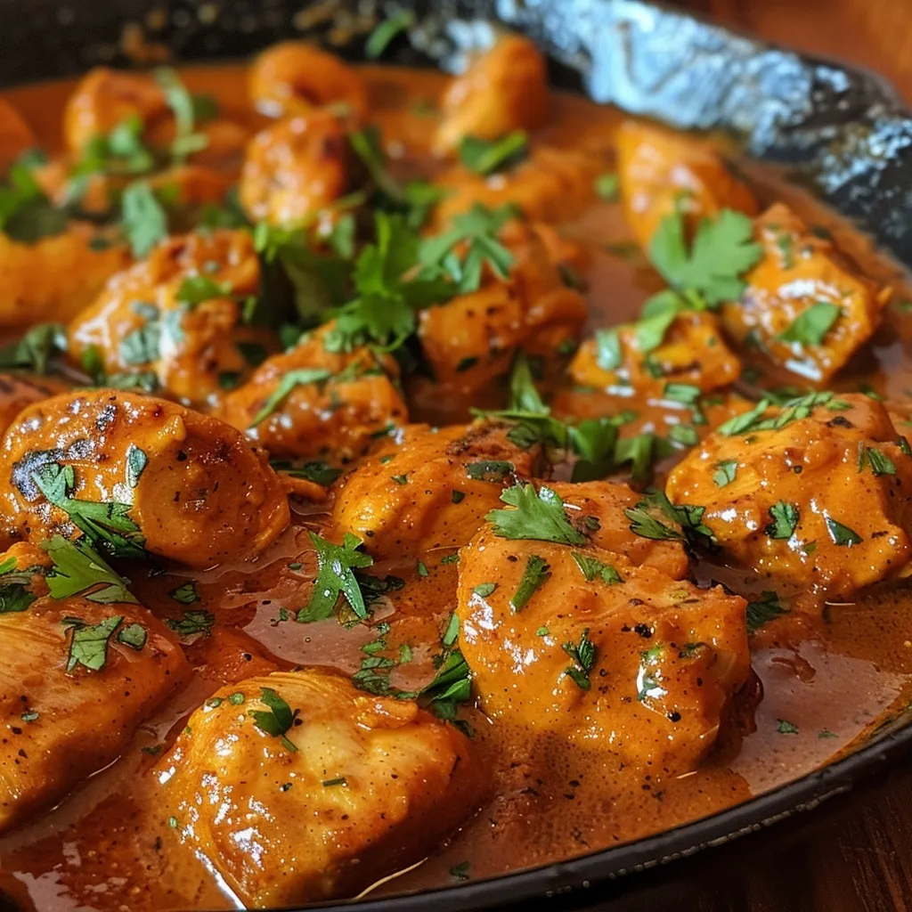 Close-up of a skillet filled with glistening, honey-glazed chicken pieces, garnished with fresh parsley.