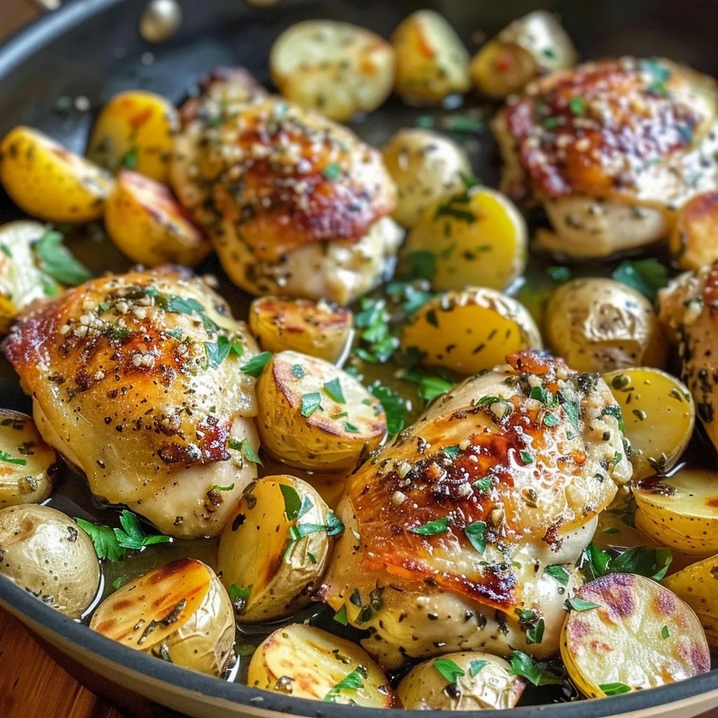 Close-up of cheesy garlic parmesan chicken and potatoes in a skillet.