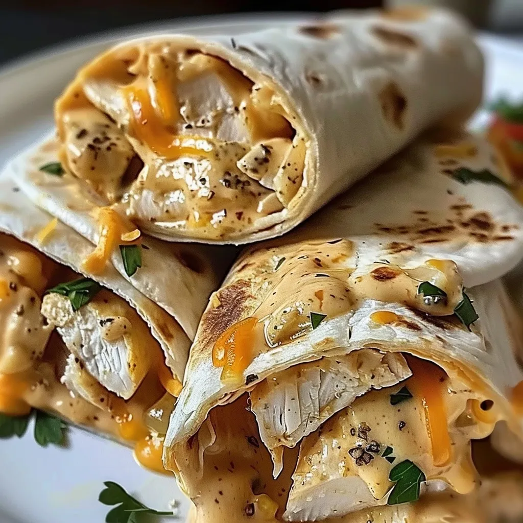 Close-up of two cheesy chicken garlic wraps, showing the creamy filling and melted cheese.