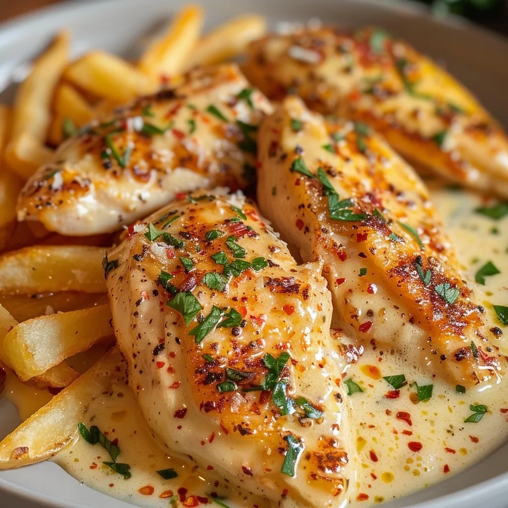 Two pan-seared chicken fillets in a creamy garlic parmesan sauce, served with french fries.