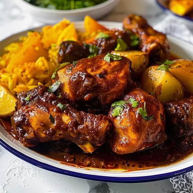 A close-up shot of a bowl of Mexican adobo chicken with potatoes.