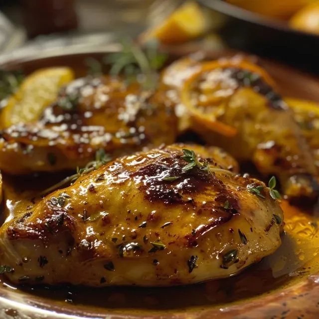 Close-up of two pan-seared chicken breasts topped with a honey-mustard-orange glaze, garnished with thyme and orange slices.