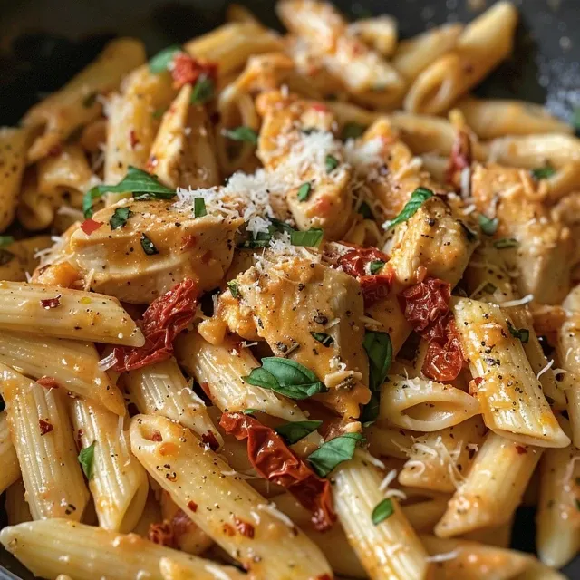 Creamy chicken pasta with sun-dried tomatoes and basil.