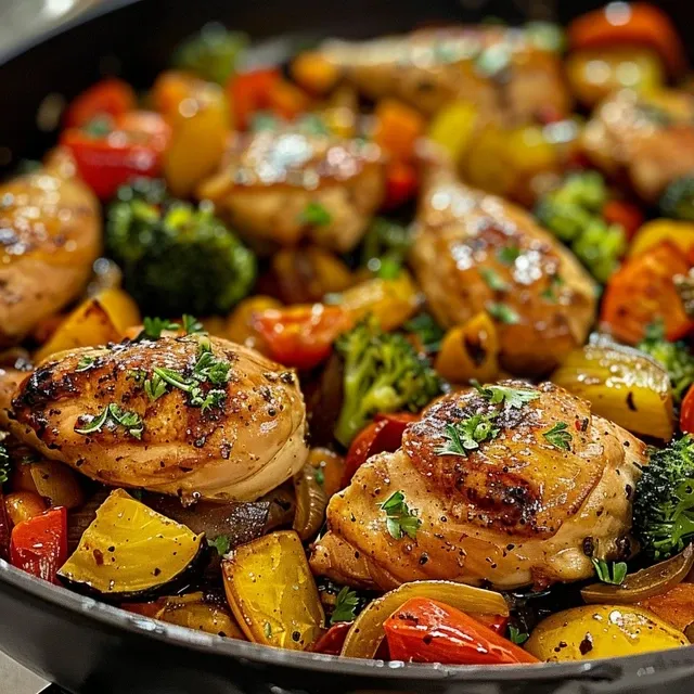 Close-up of a skillet filled with savory pan-seared chicken and mixed vegetables.