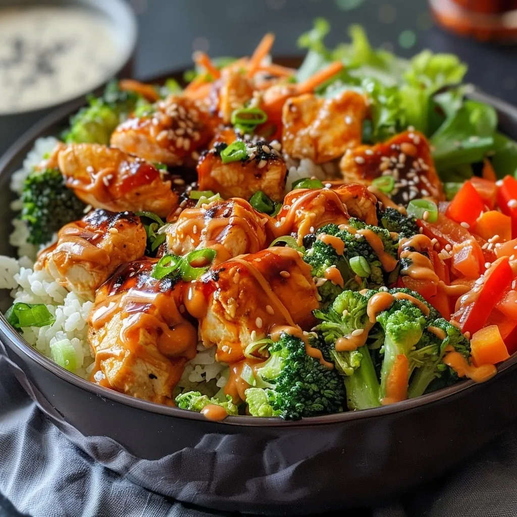 Delicious Bang Bang Chicken Bowl with rice, grilled chicken, avocado, peppers, and a creamy sauce.