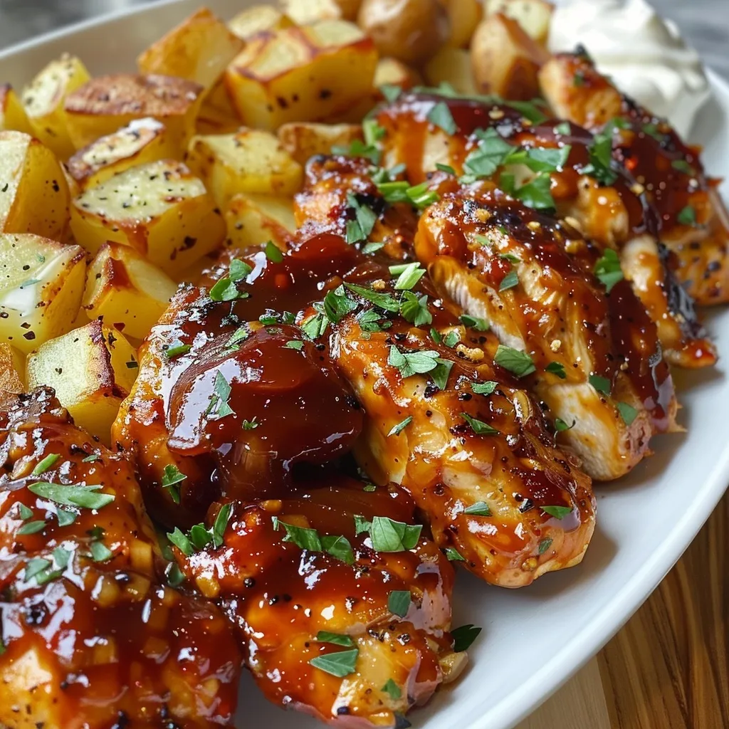 Honey BBQ chicken breast slices served with garlic parmesan potatoes.