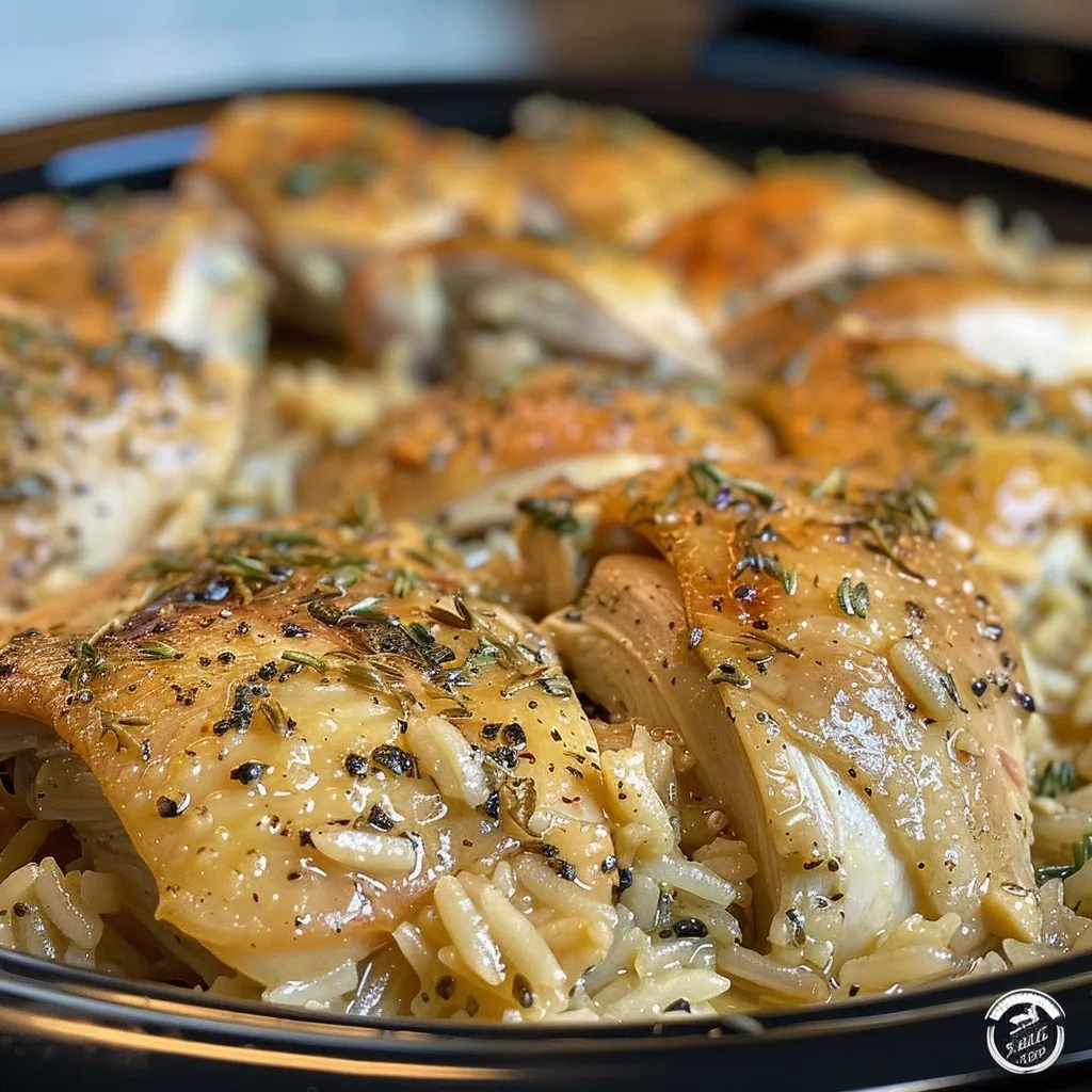 Creamy Crock Pot Chicken and Rice topped with shredded cheese and parsley.