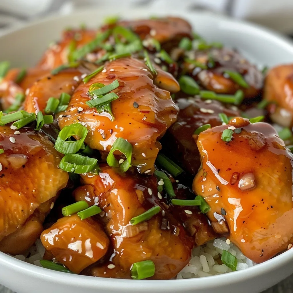 Close-up of tender, slow-cooked bourbon chicken in a crock pot, garnished with green onions.