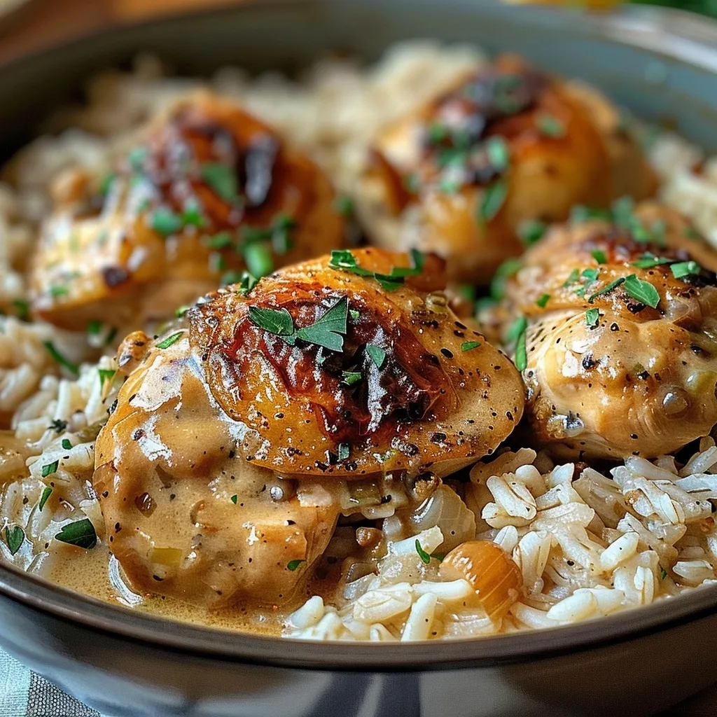 Close-up of savory smothered chicken thighs in a creamy sauce served over a bed of fluffy white rice.