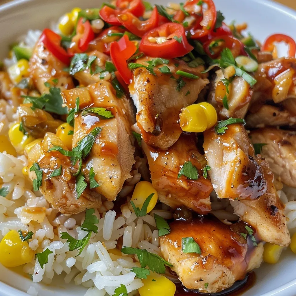 Grilled chicken and corn rice bowl with cilantro and creamy sauce.
