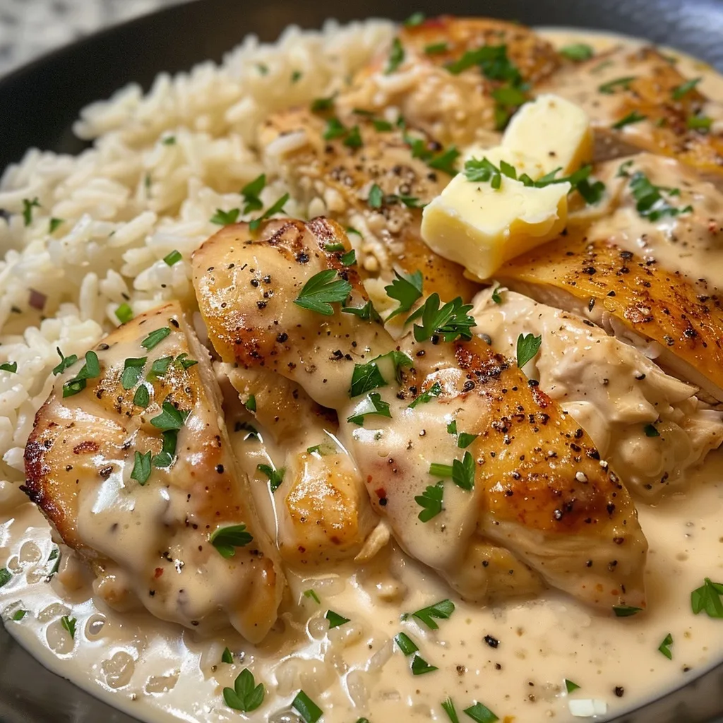 Creamy chicken and rice dish served over a bed of fluffy white rice, garnished with fresh parsley.