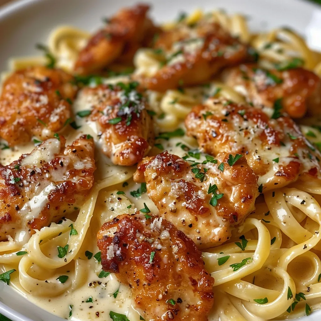 Garlic butter chicken bites served over creamy parmesan pasta.