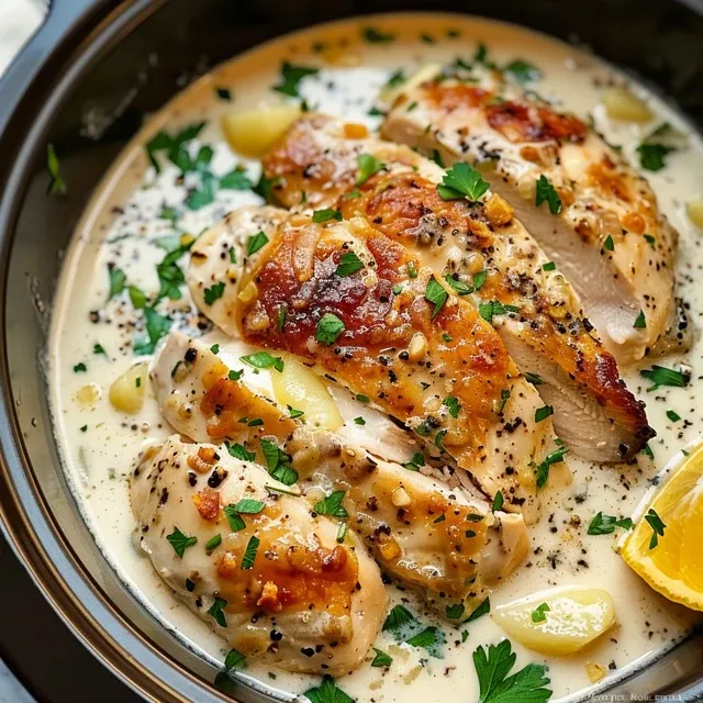 Slow cooker creamy garlic parmesan chicken with lemon and tomatoes.