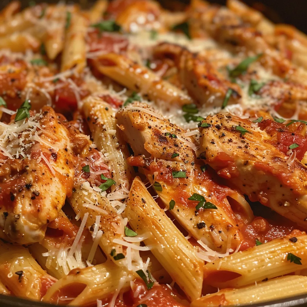 Close-up of a wooden spoon lifting cheesy Chicken Parmesan Pasta from a skillet.