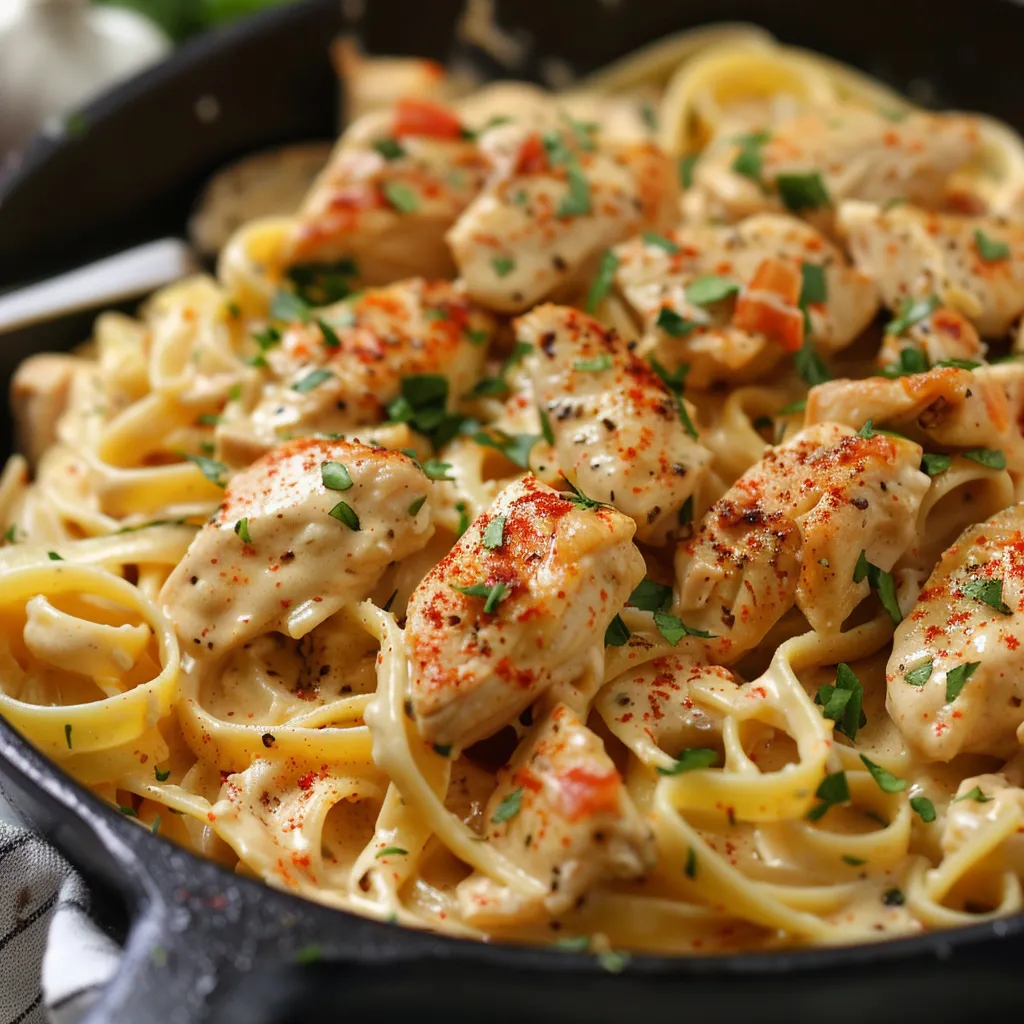 Creamy Cajun chicken pasta in a black bowl.