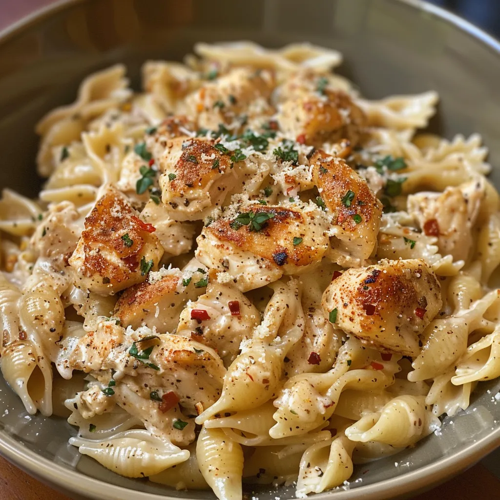 Creamy chicken garlic parmesan pasta dish garnished with basil.