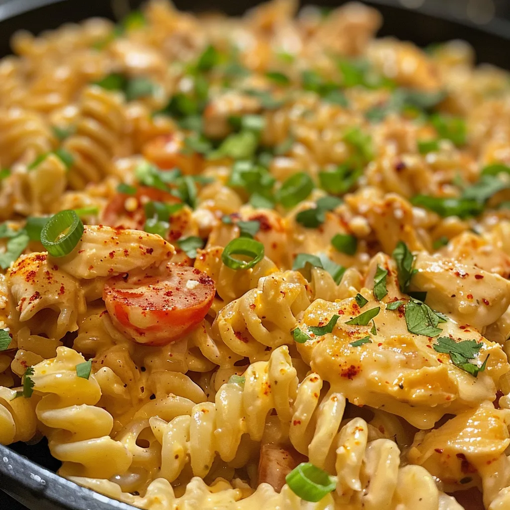 Creamy chili chicken rotini pasta in a bowl.