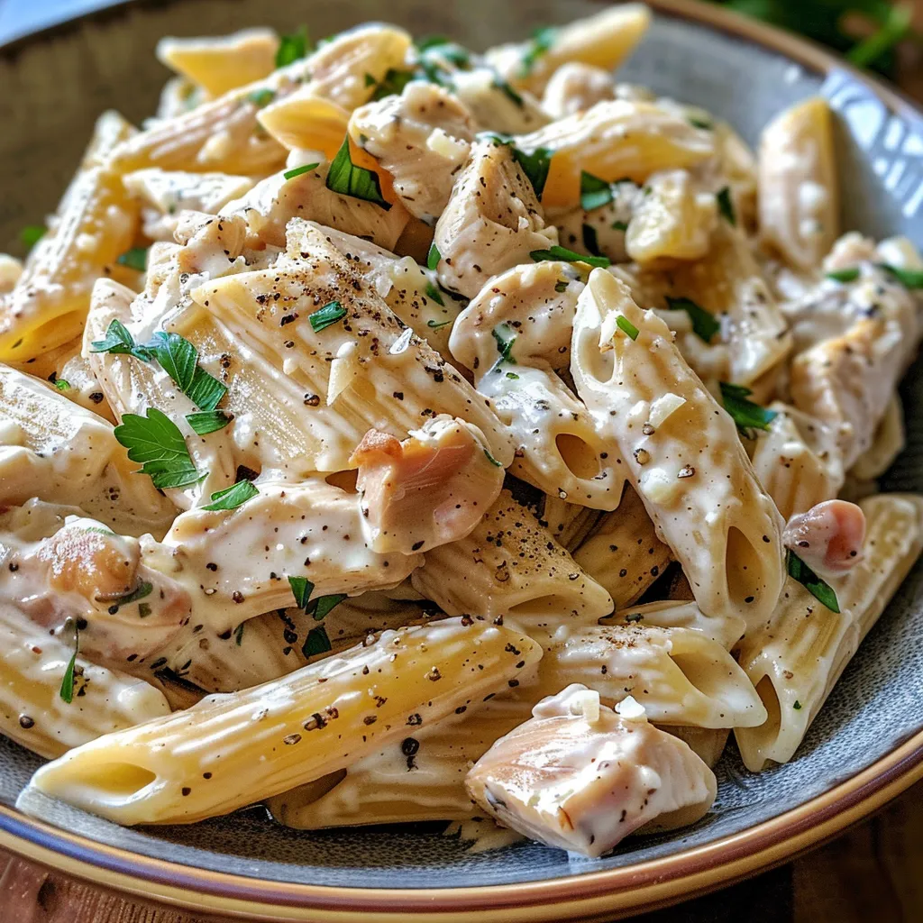 Creamy ricotta chicken pasta in a black bowl.