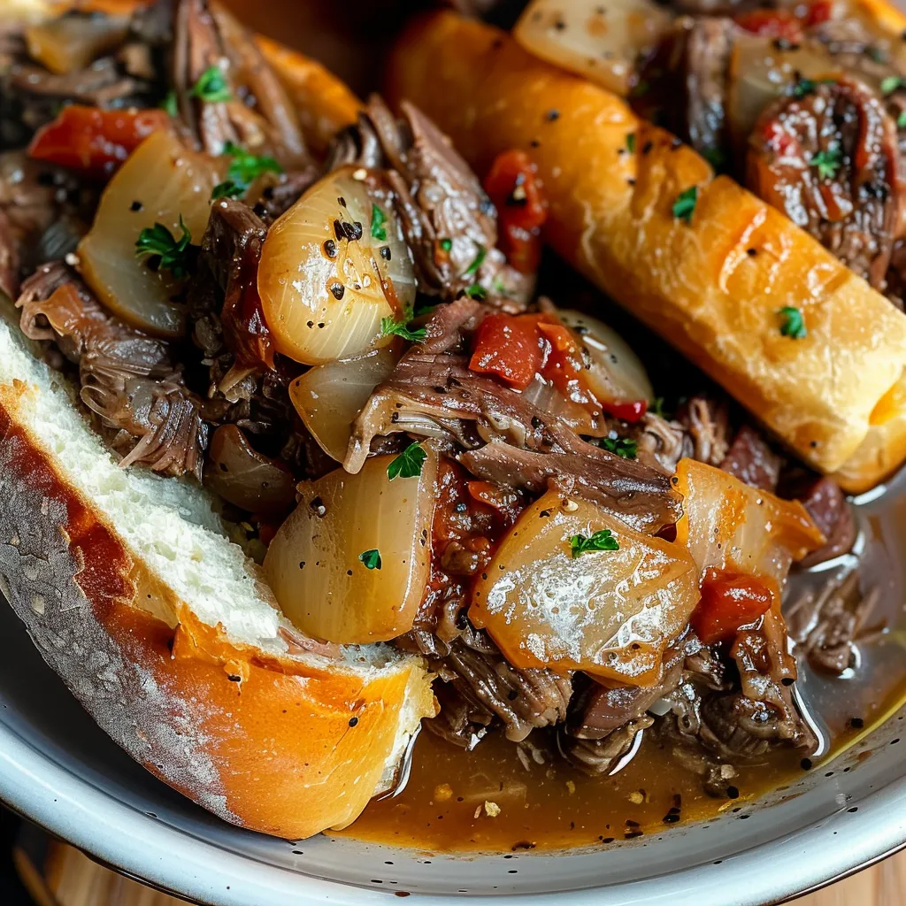 Slow cooker Italian sausage and potatoes in a rich tomato sauce, garnished with parsley.