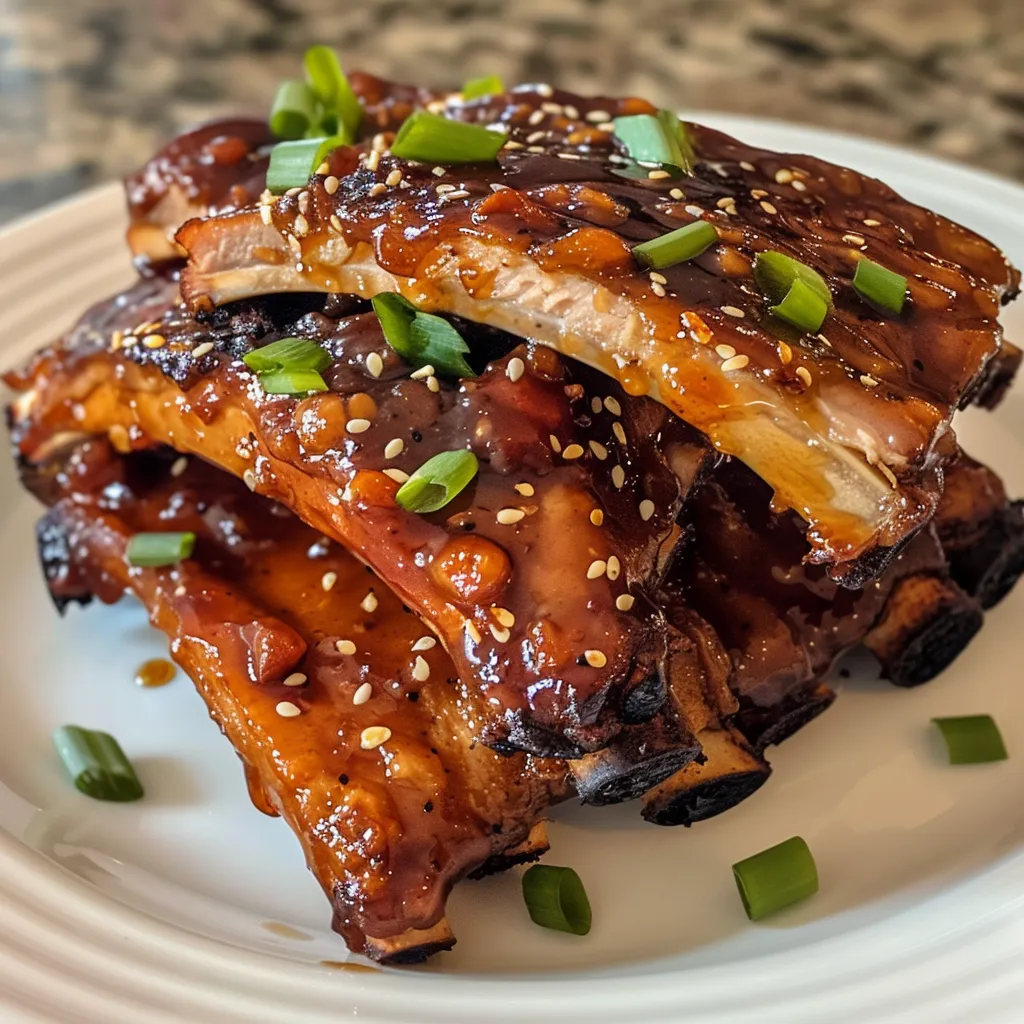 Close-up view of honey garlic soy spareribs cooked in a slow cooker with rice and vegetables.