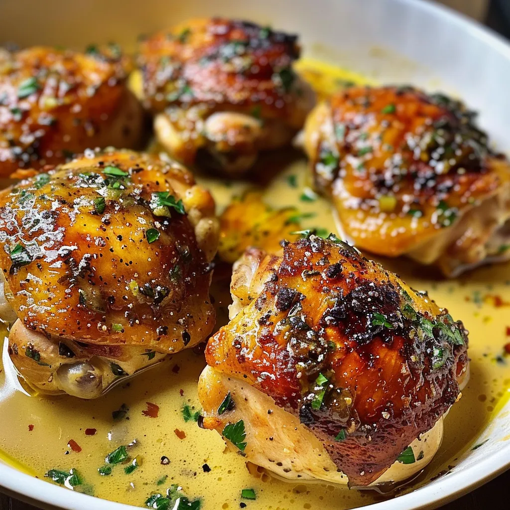 Four crispy, creamy chicken thighs in a rich, golden sauce, garnished with parsley.