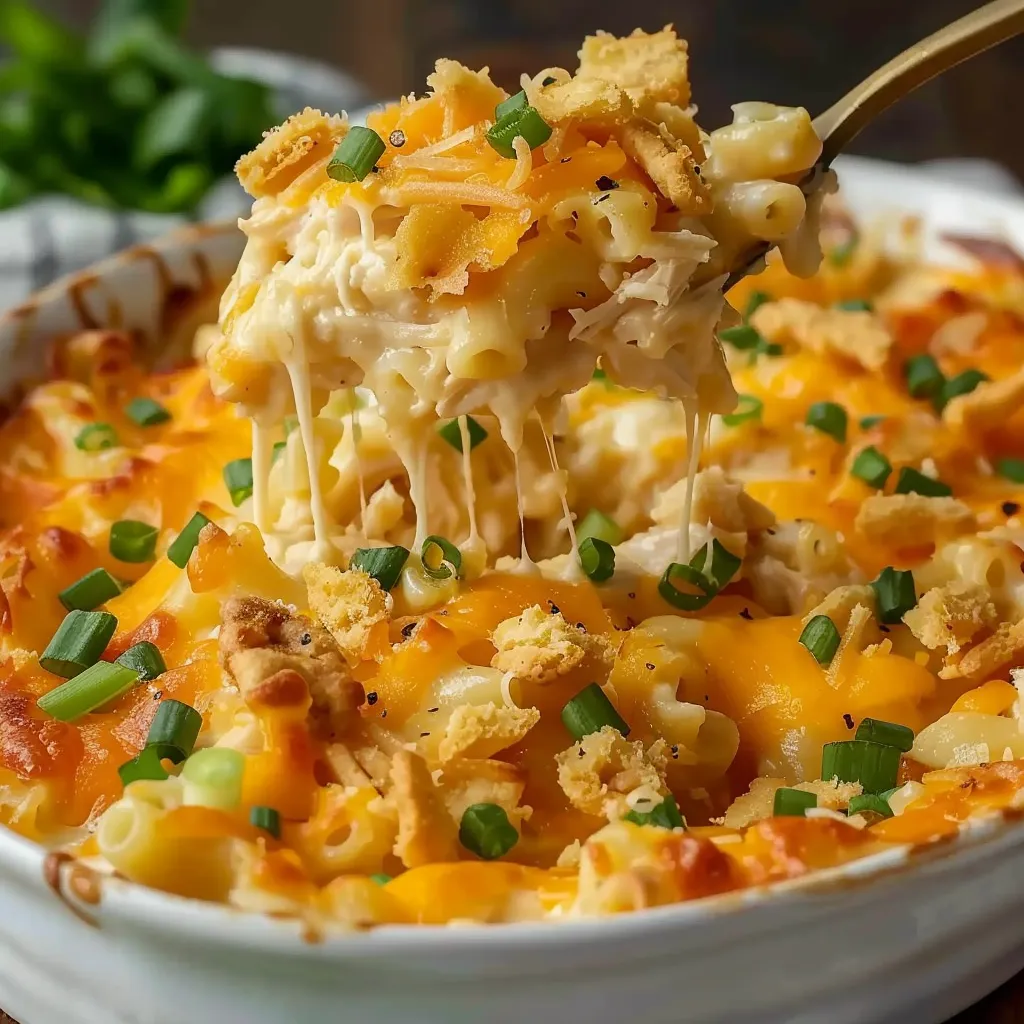 Close-up of a cheesy chicken casserole in a baking dish, garnished with parsley.