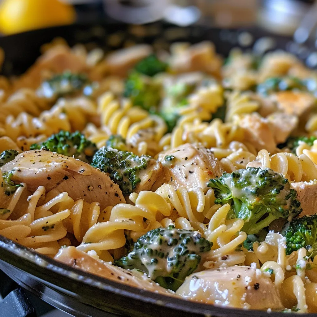 Creamy one-pot chicken and broccoli pasta in a bowl.