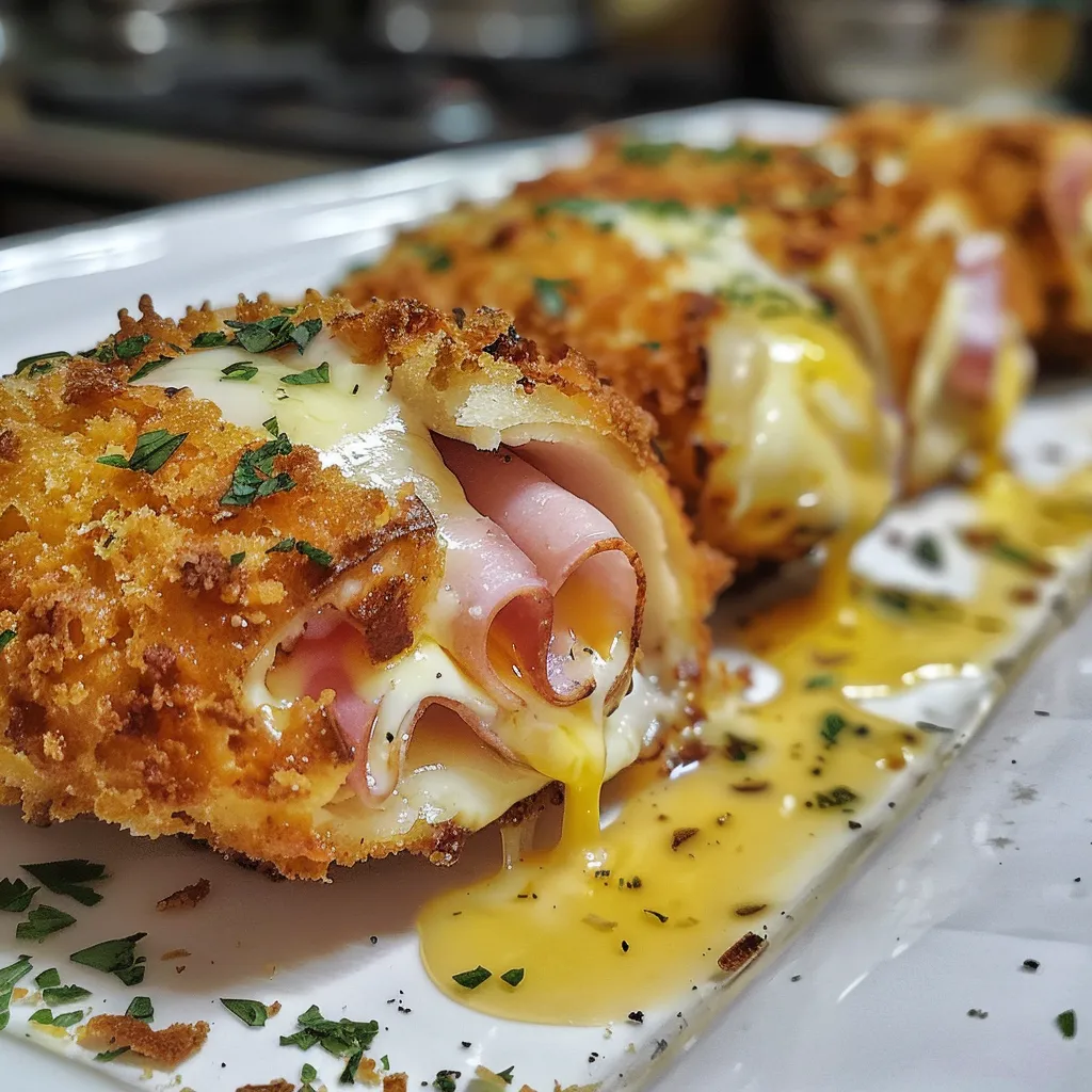 Baked chicken breasts stuffed with ham and cheese, served on a white plate with a side salad.