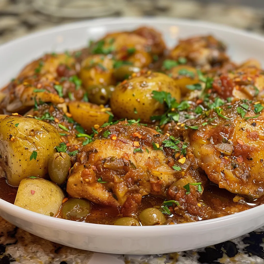 Overhead close-up of a flavorful Pollo Guisado, a chicken stew with potatoes and olives.