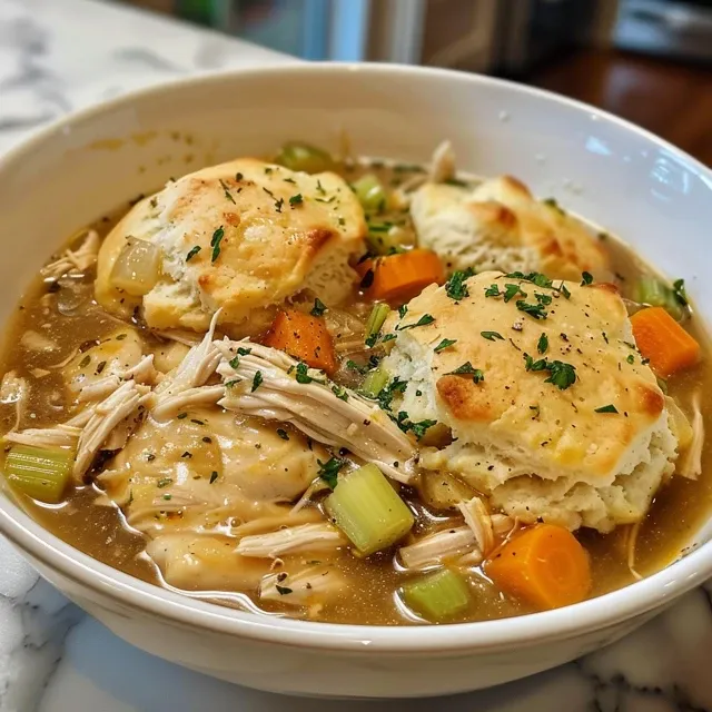 Bowl of creamy chicken and dumplings.