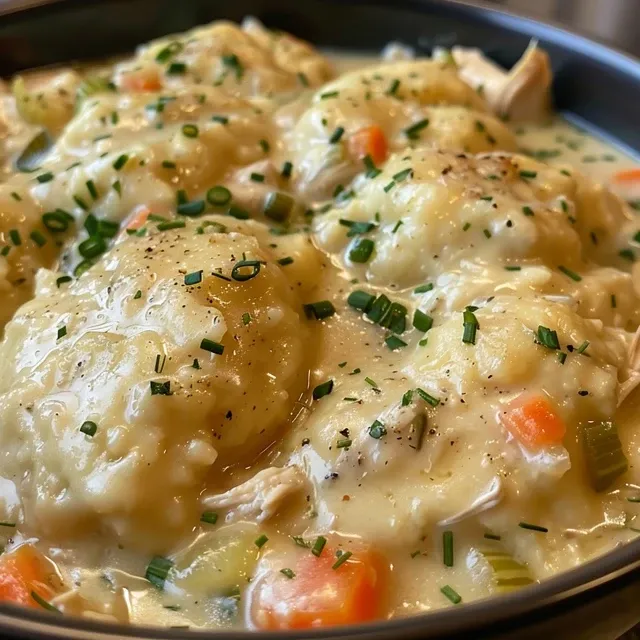 A bowl of Grandma's Southern-style chicken and dumplings.