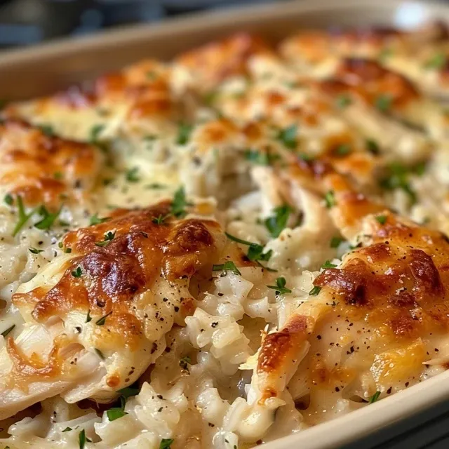 A close-up shot of a delicious garlic butter chicken and rice casserole, bubbly and golden brown from the oven, topped with herbs.