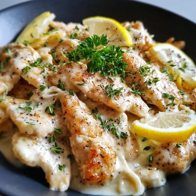 Creamy Lemon Chicken in a skillet, garnished with parsley.