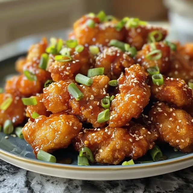 Crispy honey garlic chicken served over a bed of white rice, garnished with sesame seeds and green onions.