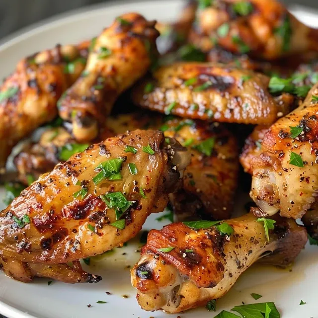 Close-up of delicious, oven-baked chicken wings in a white baking dish, garnished with parsley.