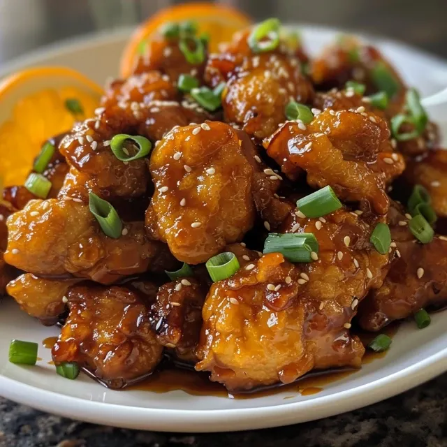 Delicious orange chicken served over rice, garnished with green onions and sesame seeds.
